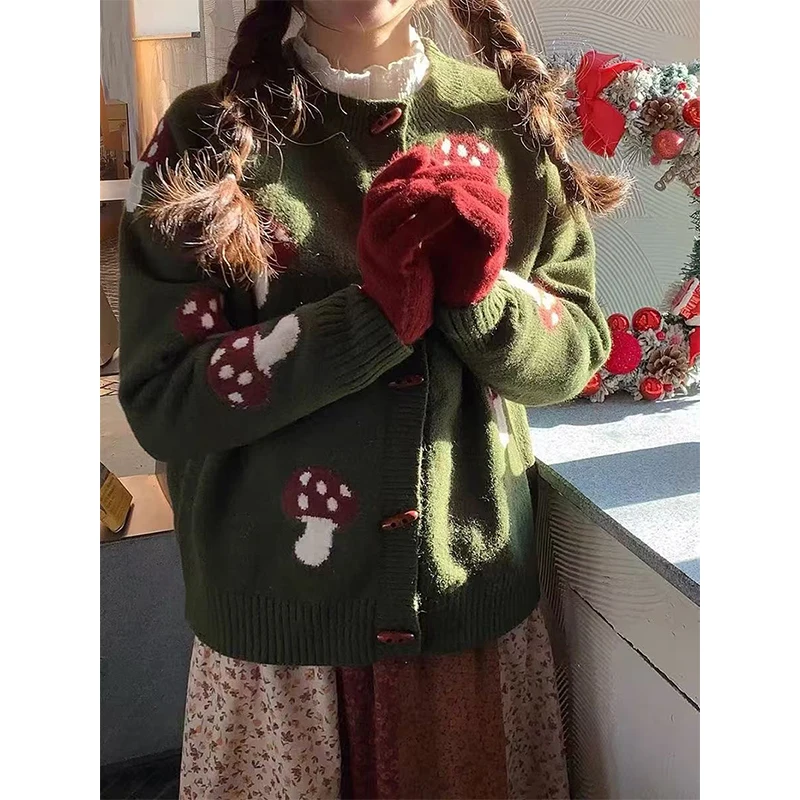 

MEXZT Vintage Knitted Cardigan Women Harajuku Print Sweater Outerwears Fall Winter Christmas Knitwears Korean Casual Jumpers New