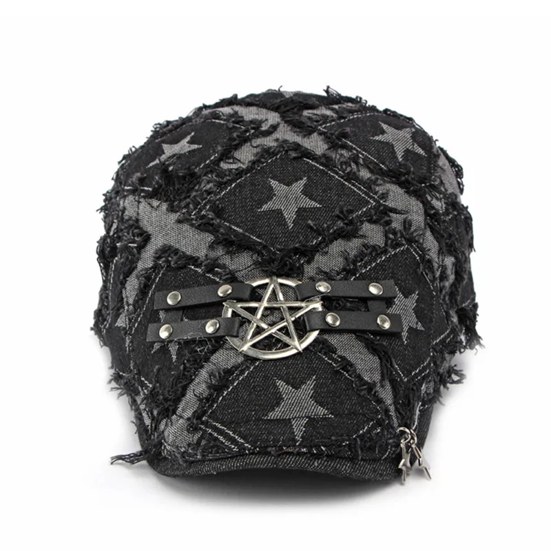 Spring and summer casual hole breaking versatile fringed five pointed star forward hat for men and women hip-hop art retro beret