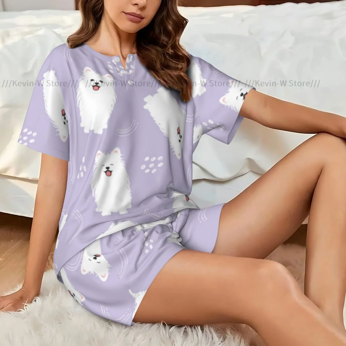 

Женская пижама из двух предметов, футболка с круглым вырезом и короткими рукавами, повседневный домашний пижамный комплект Cute Spitz Samoyed Dog
