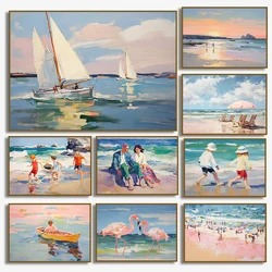 Abstract Pastel Sunset Beach Figure Sailboat Flamingo Seascape Coastal Poster Canvas Painting Wall Art Pictures Home Decor