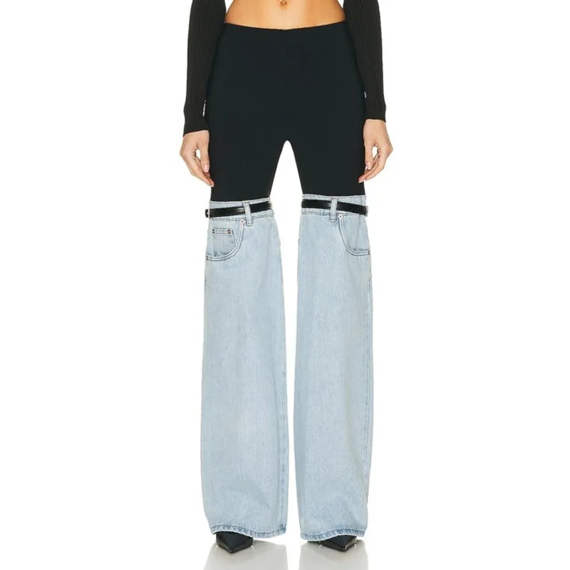 Color Block Jeans Women Denim Straigt Leg Pants Hipster Contrast Stitch Trousers Wide Patchwork Design Streetwear Runway Outfits