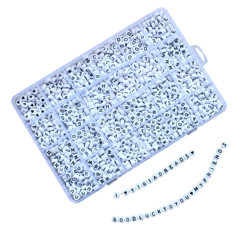 

1 комплект бусин с буквами A-Z, 7 мм, пластиковые плоские круглые бусины в форме любви, большое отверстие для DIY ювелирных изделий, аксессуаров, коробка для хранения, веревка
