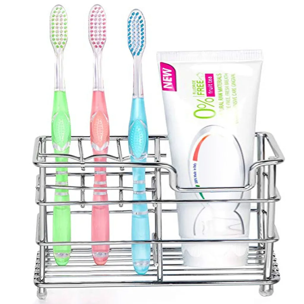 Stainless Steel Toothbrush Holder Toiletries Organizer Storage Rack Bathroom Silver Metal Toothpaste Stand Holder For Household