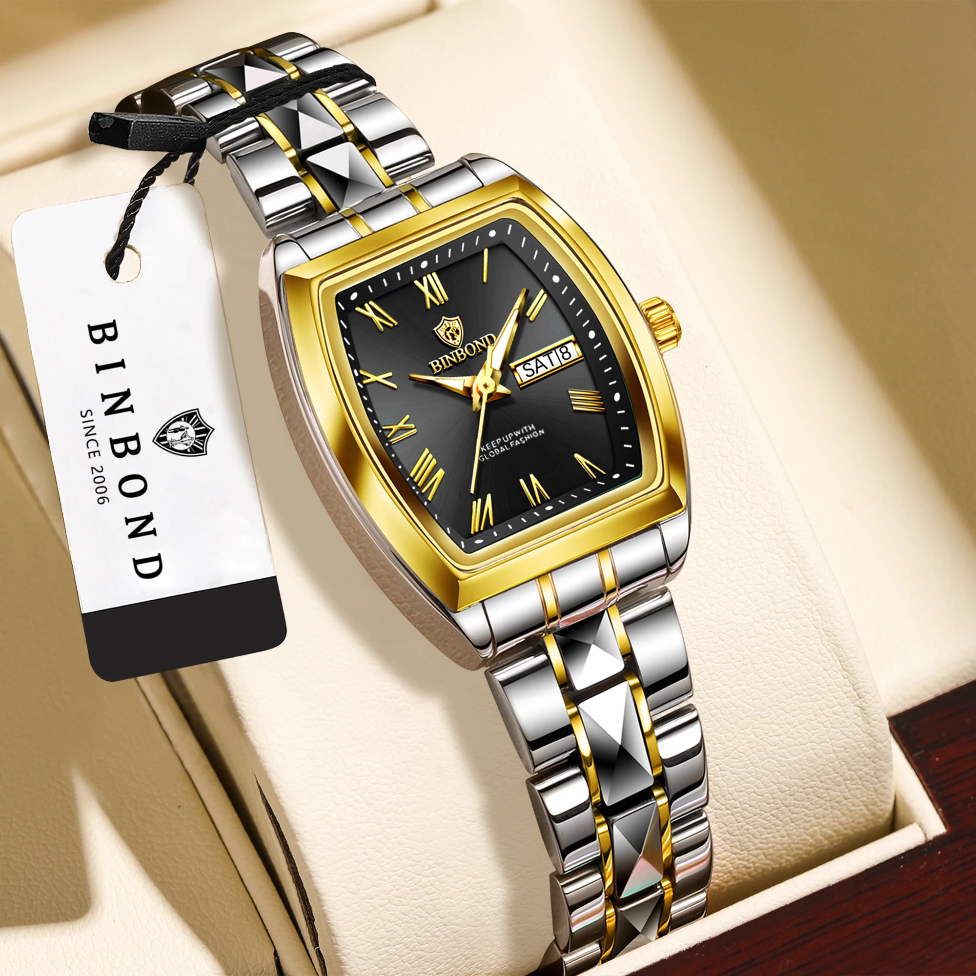 BINBOND Auto Date Women's Watches Fashion Casual Reloj Luxury Quartz Wristwatches For Women Luminous Waterproof Week Display