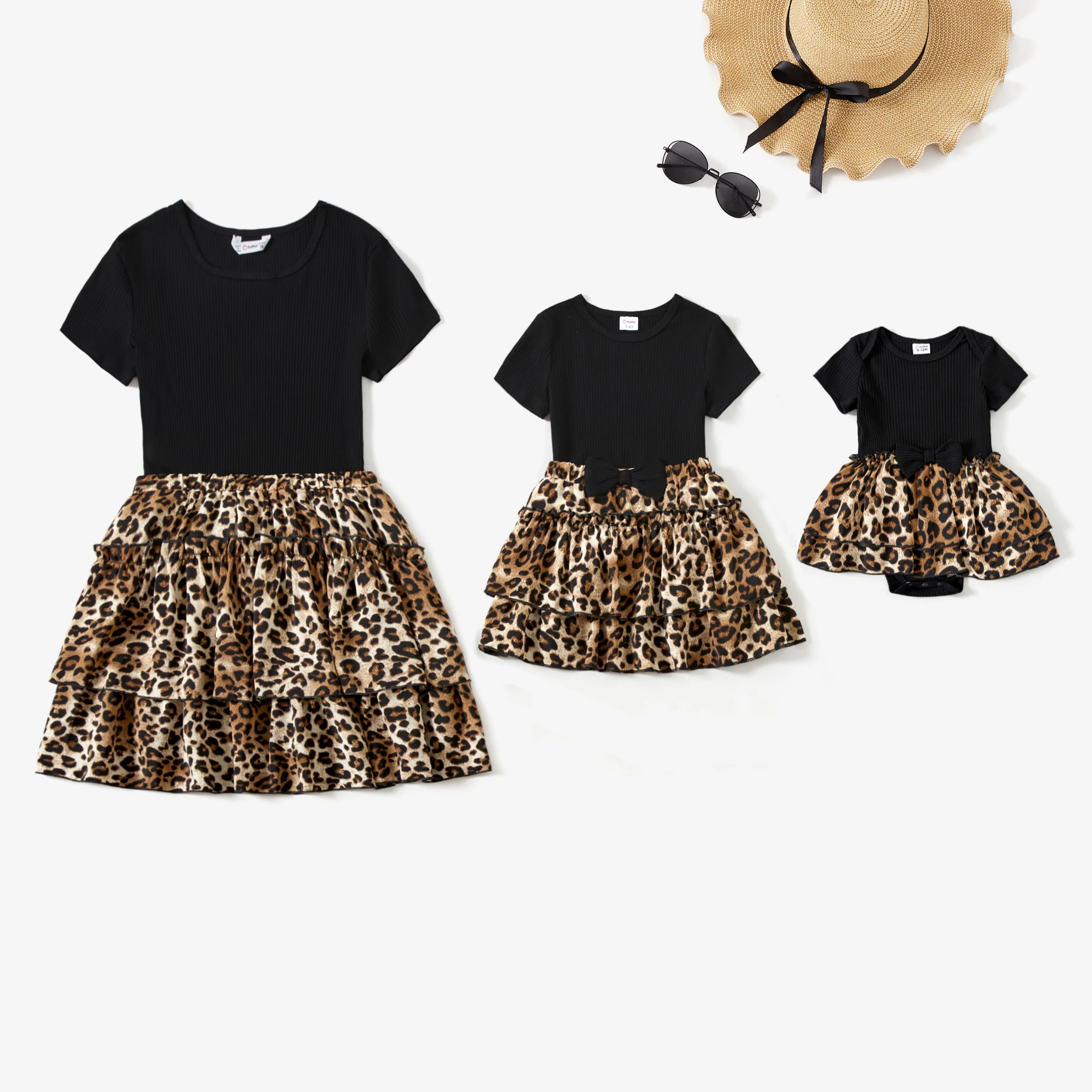 PatPat Mommy and Me Rib Black Top and Leopard Print Tiered Pleated Skirt Sets