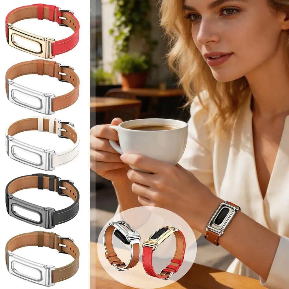 Metal Frame Leather Watch Strap For Fitbit Air Double Layer Wear Stainless Steel Buckle Business Fitness Replacement Wristband
