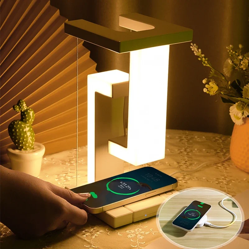 

LED Suspending Anti-gravity Night Light with 10W Wireless Charger Desk Lamp Dimmable Table Light for Bedroom Bedside Decor Light
