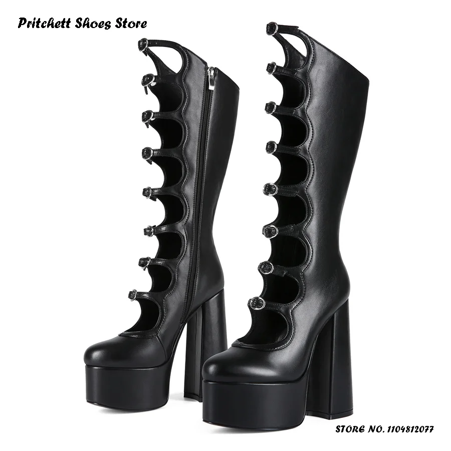 

Women's Sexy Black Zipper Buckle Knee-High Boots Platform Square Heel round Toe High Heels for Spring And Summer Parties