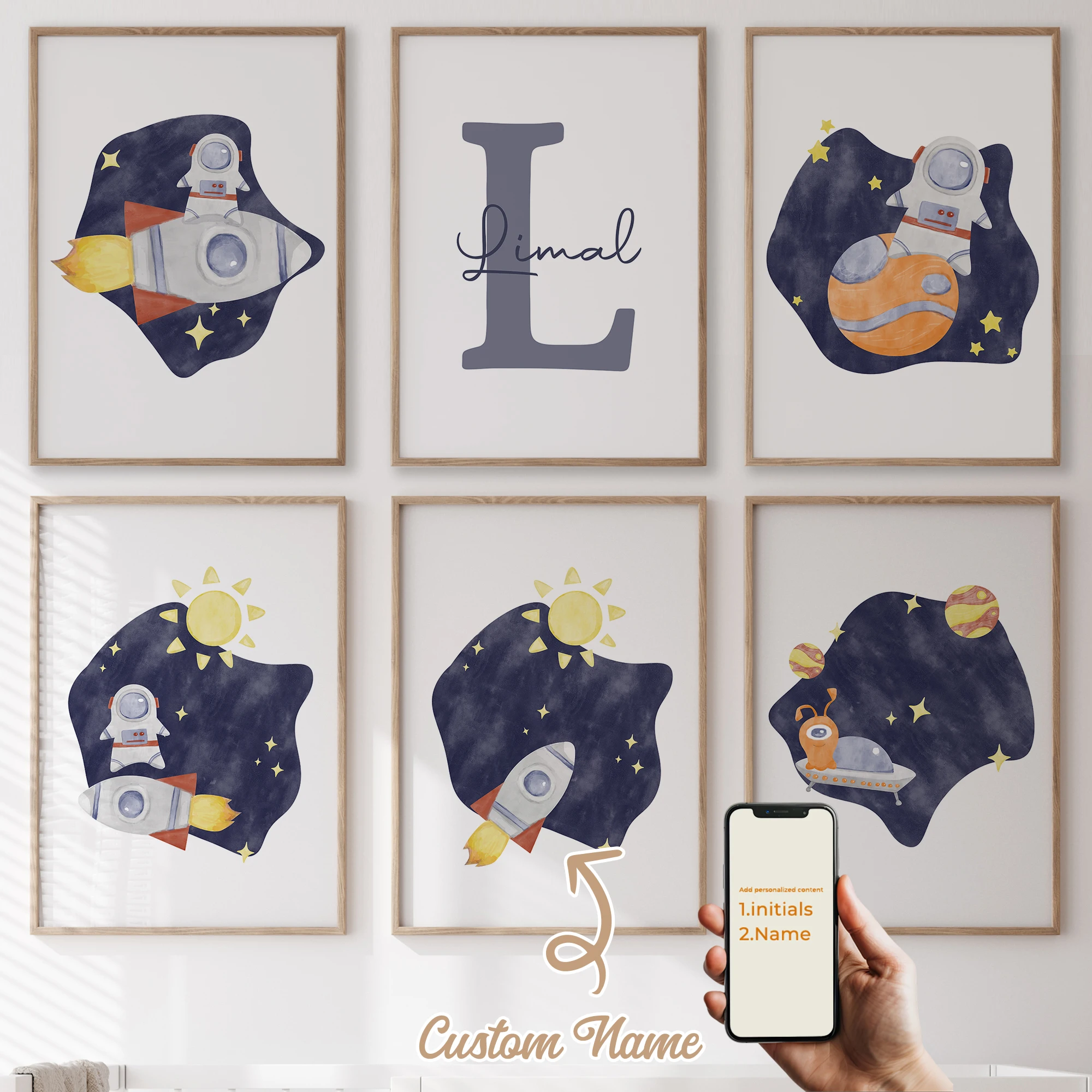

3Pcs/6pcs Personalized Custom Name Cute Cartoon Astronaut Wall Art Print Picture For Living Room Kids Boy Room Home Decor Gift