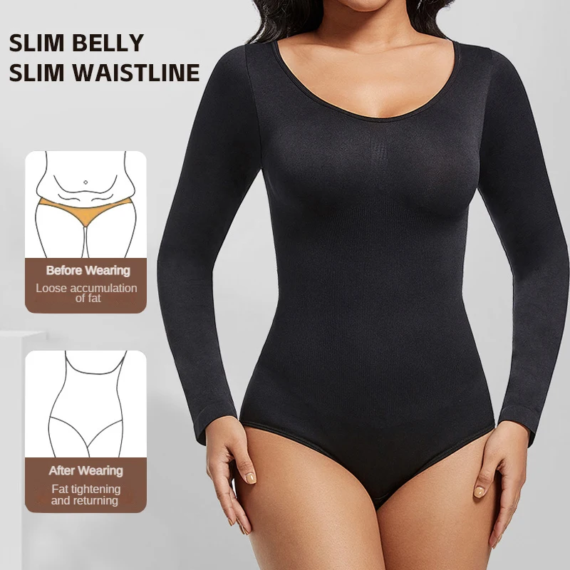المرأة مفتوحة المنشعب قطعة واحدة ارتداءها طويلة الأكمام سلس سليم الملابس الداخلية مدرب خصر محدد شكل الجسم غمد شقة البطن ملابس داخلية