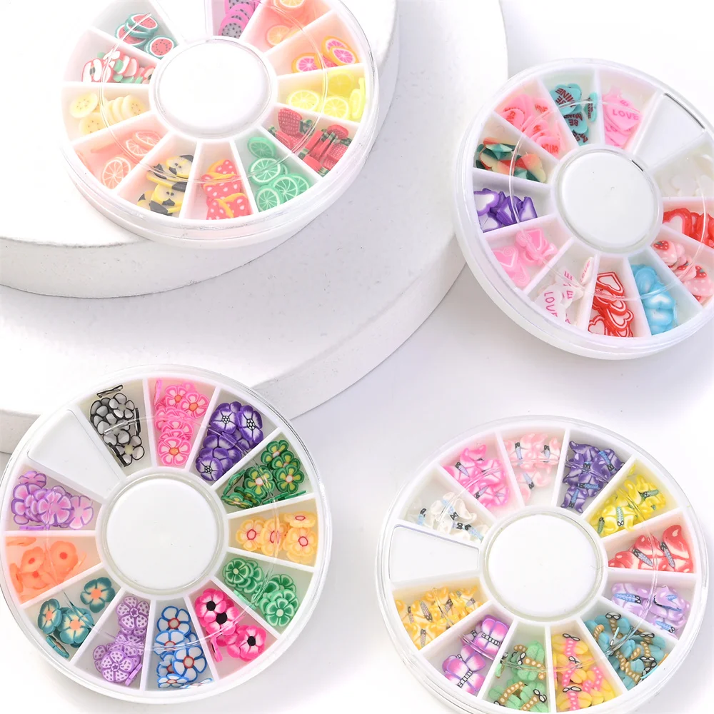 4 Boxen 5,8 mm gemischte Polymer-Clay-Scheiben-Set, niedliche Frucht-, Blumen- und Herz-Fruchtscheiben für 3D-Nagelkunst-Design, Bastel- und DIY-Zubehör – Detail 3
