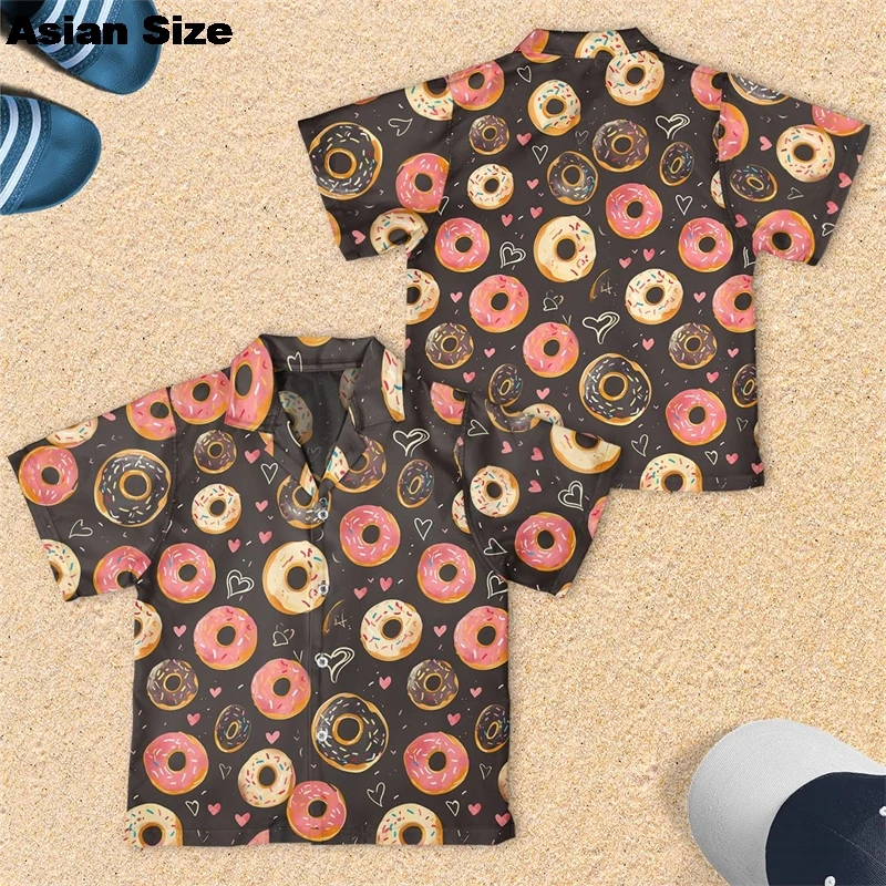 Kawaii Donut Graphic Beach Shirt Casual Food Beach Shirt Cartoon Snack Long Sleeve Blouses Doughnut Lapel Blouse Dessert Tee