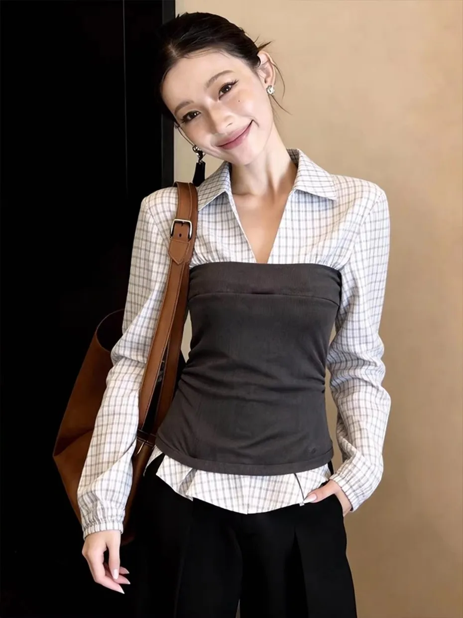 

Серая женская рубашка в корейском стиле, модная, повседневная, приталенная, весенняя, с эффектом двухслойности, для офиса и на каждый день