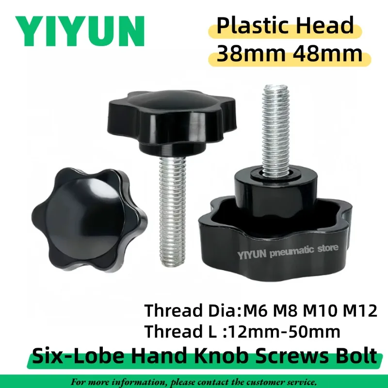 2-10pcs Black Six-Lobe Hand Knob Screw Bolt M6 M8 M10 M12 x 12mm-50mm Length Plastic Head 38mm 48mm Clamping Thumb Screw Handle