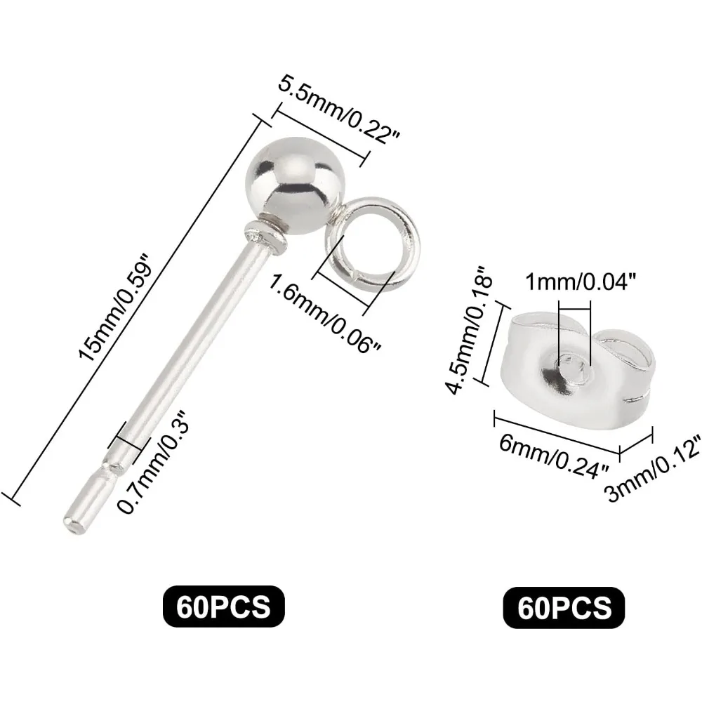 Około 60 szt. Srebrne kolczyki kulkowe Okrągłe hipoalergiczne kolczyki ze stali nierdzewnej z pętelką i nakrętkami do uszu dla