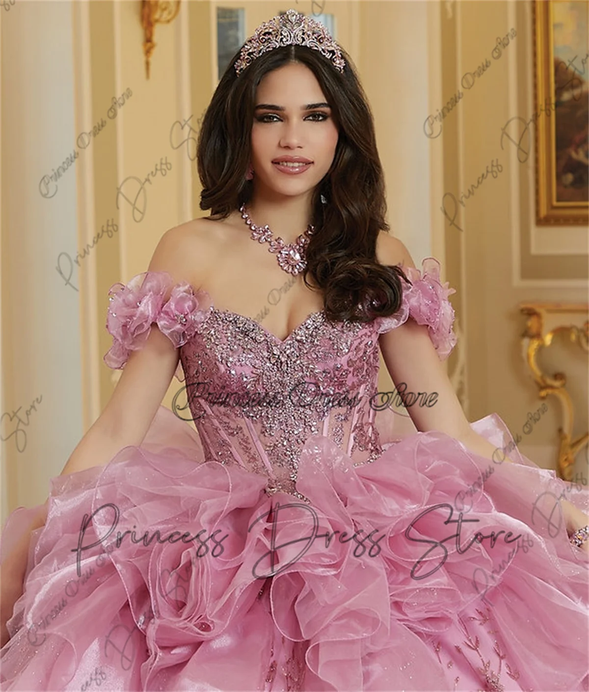 

Роскошное бальное платье с 3D цветами, платья Quinceanera, 2025 г., аппликации, оборки из бисера, милое платье 16, Vestidos De 15 Años по индивидуальному заказу