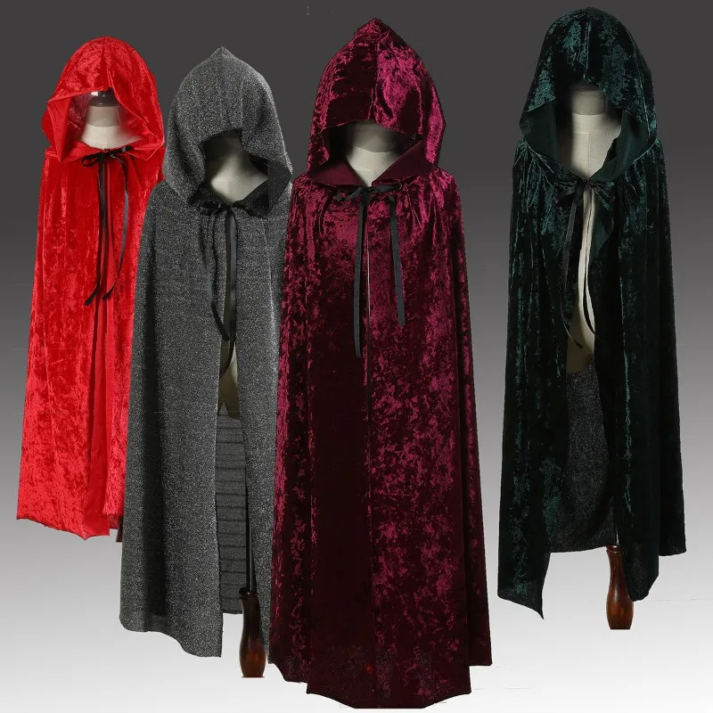 2024 Halloween Costume Kids Adult Hooded Cloak Long Style Red Green Lace Up Velvet Cloak Witch Role Play Cape