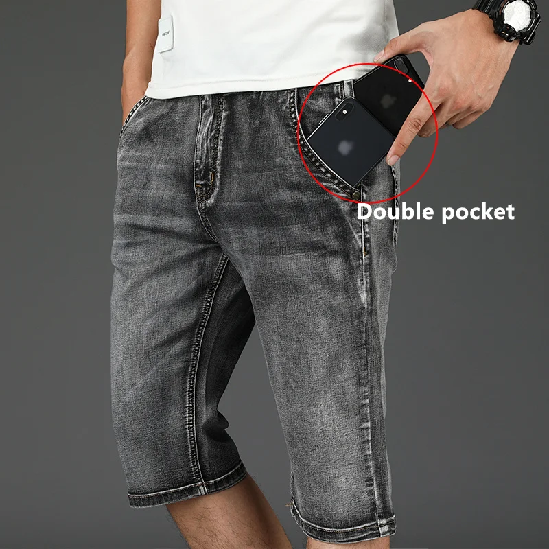 

2023 Summer New Men's Anti-theft Zipper Jeans Shorts Fashion Casual Straight Gray Elastic Force Denim Short Male Brand