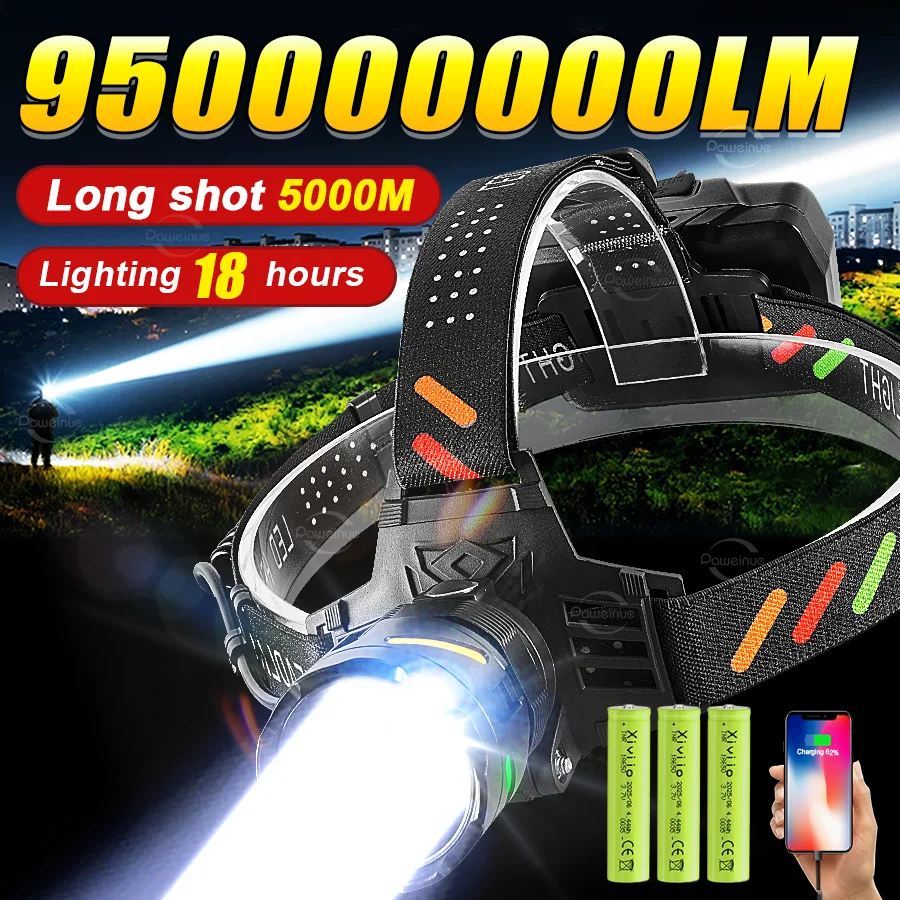 

Most Powerful LED Headlamp Long Range 5KM Headlight Rechargeable Head Flashlight 18650 High Power LED Head Light Camping Fishing