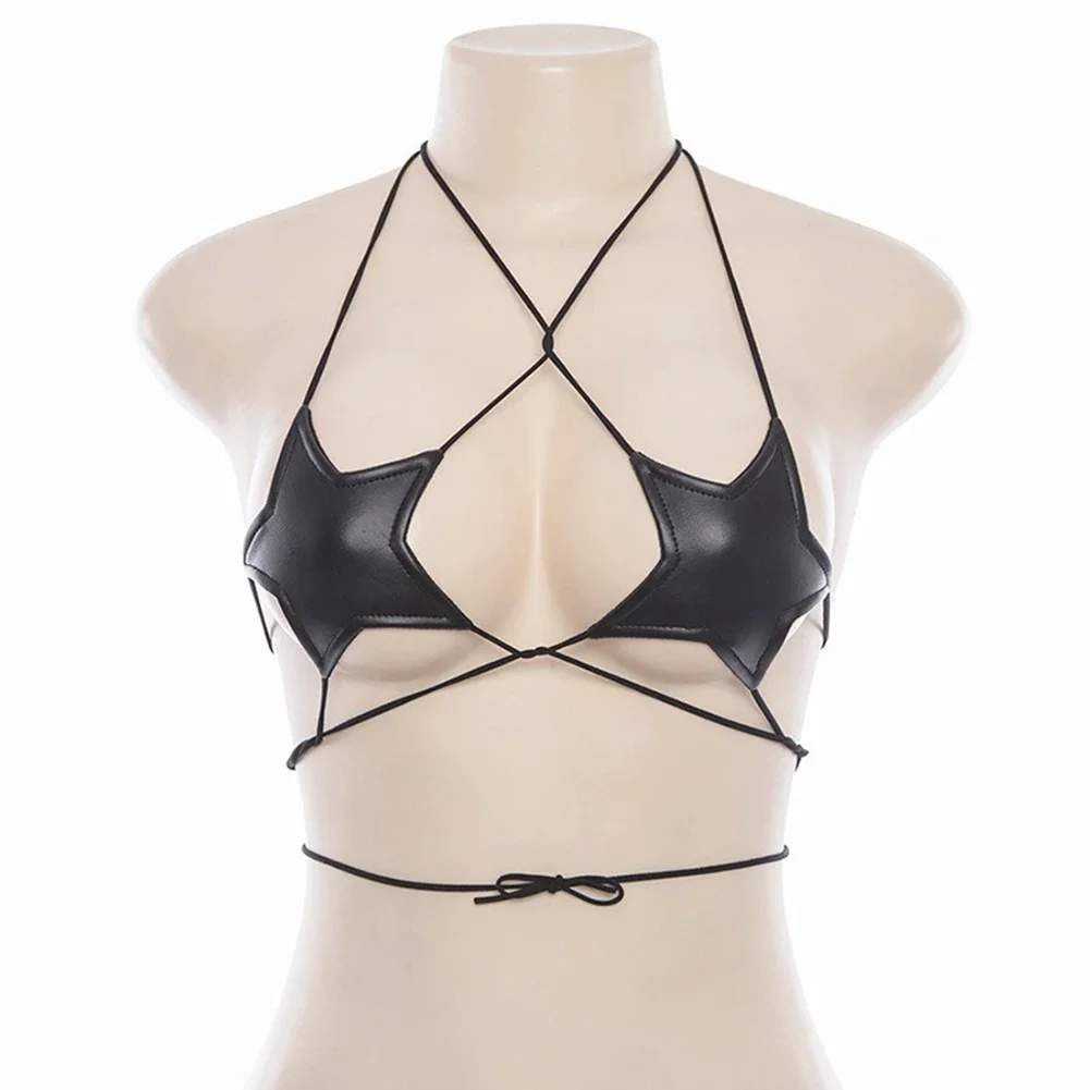 

Women Sexy Leather Star Shape Strappy Bra Bustier Crop Hangingneck Vest Push Up Bra Bustier Leather Harajuku Tops Party Club Wea