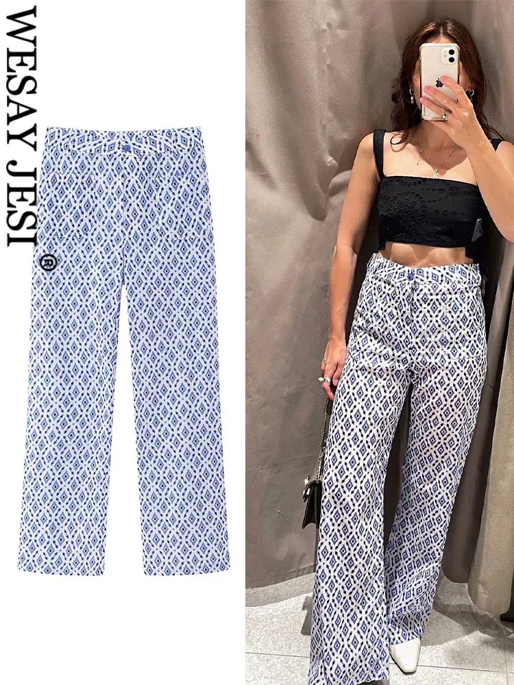 WESAY JESI TRAF Printed Women Straight Pants Casual Zipper Y2K High Waisted Pockets Full Length Lightweight Female Chic Trousers