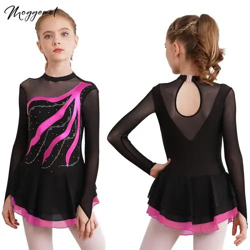 Imagen 1 del producto Vestido de patinaje sobre hielo para niñas, tutú, danza, gimnasia, leotardo, vestido de Ballet, trajes de espectáculo escénico con diamantes de imitación de manga larga