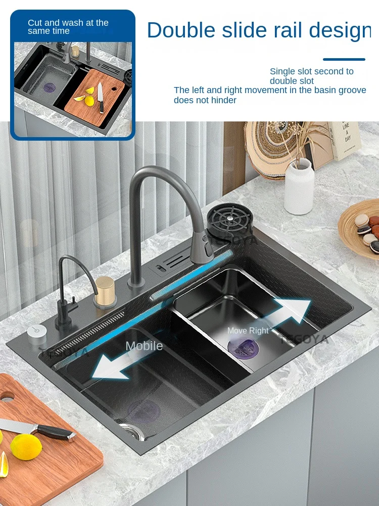 New Product Waterfall Large Single Trough Black 304 Stainless Steel Sink Kitchen Household Sink Dish Basin Under The Table