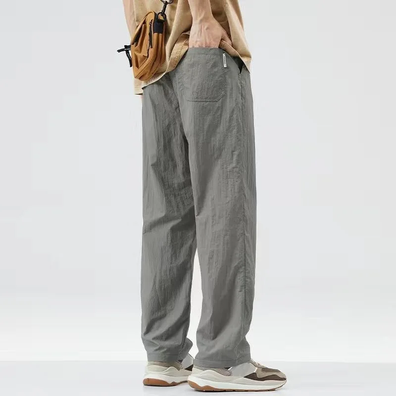 夏用薄手カジュアルパンツ アイスシルク速乾スポーツルーズストレートレッグメンズファッションワイドレッグパンツデイリーウェアロングパンツ