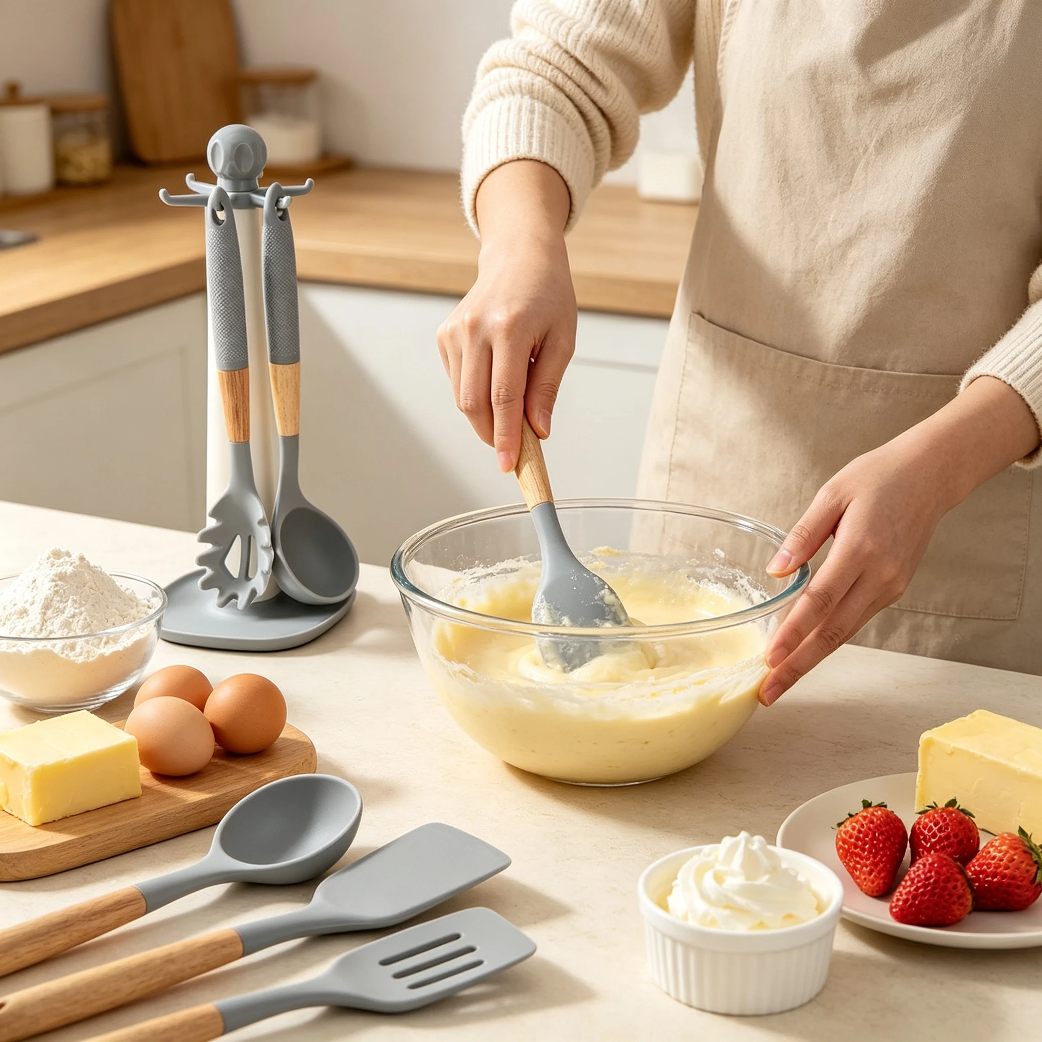 7PCS Kitchen Silicone Utensil Set, Space Saving Dishwasher Safe, Spatula Ladle Spoon Tools, Multi-use for Baking Mixing Meal Pre