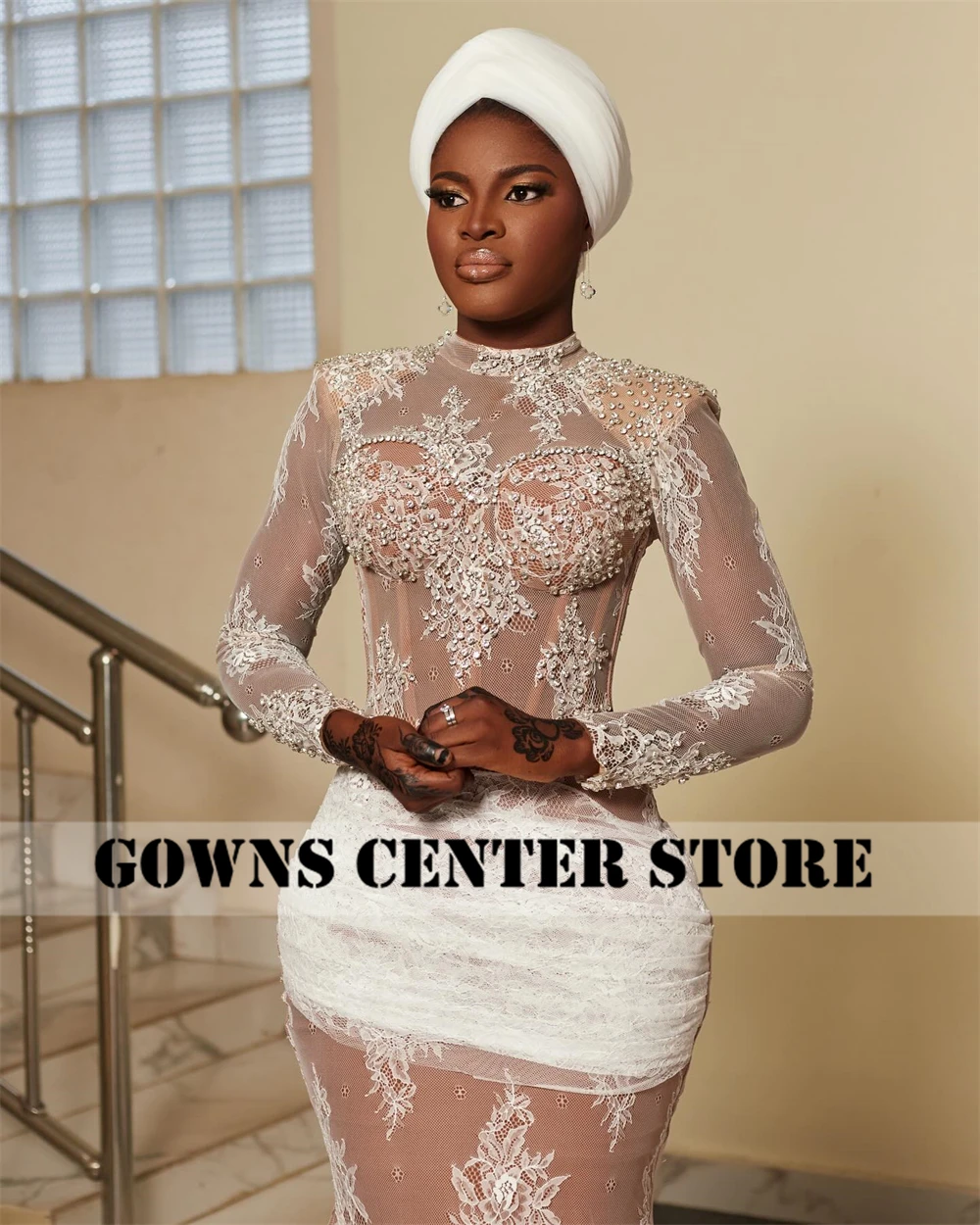 ชุดแต่งงานลูกไม้แขนยาวสไตล์แอฟริกันทรงเมอร์เมด ประดับลูกปัดและคริสตัล  ชุดหมั้น  สามารถสั่งตัดได้