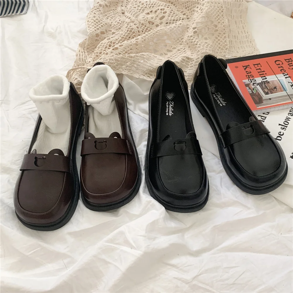 Lolita Bear Jk Uniform Shoes, Japanese Cute Flat Round, Retro imprimés Loli Girls, Brown and Black Student Kawaii Shoes L