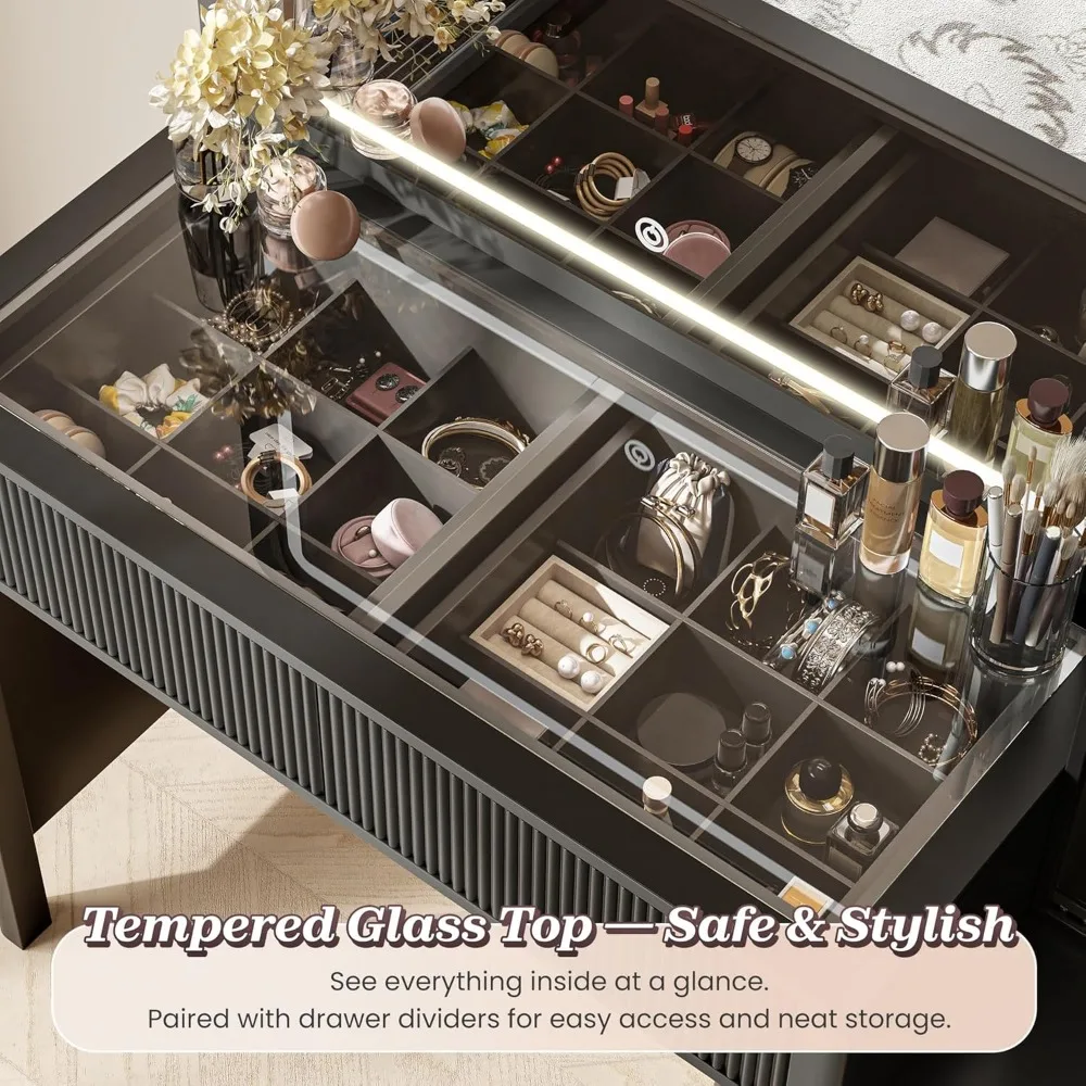 مكتب مكياج كبير مقاس 55 بوصة مع مرآة LED مقاس 35.4 بوصة، ومنافذ طاقة، وسطح مطلي باللون الأسود، وسطح زجاجي، و3 أدراج، Space-Sa