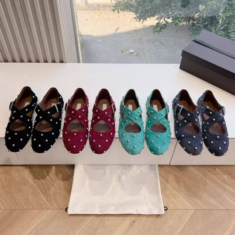 Zapatos Mary Jane con Remaches para Mujer, Versión Alta, Primavera, Nuevos, de Cuero, con Hebilla Cruzada, Punta Redonda, Planos, Tipo Bailarina