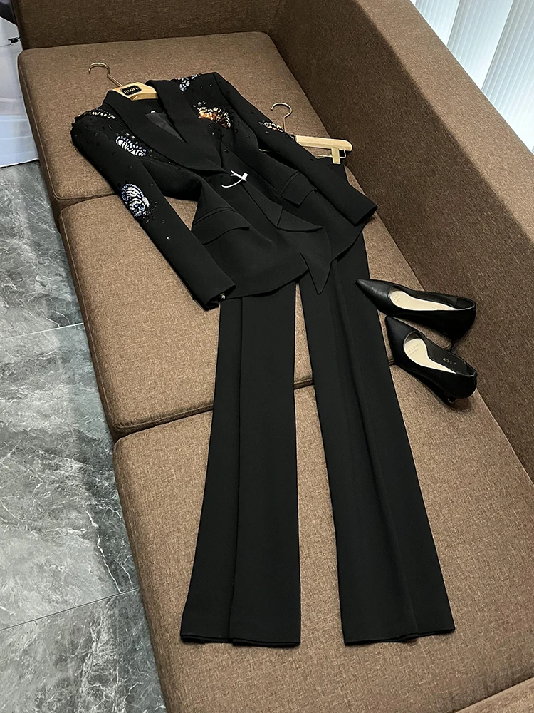 

Ele Women's Tailored Suit Set with Embellied Buttons And Diamond Accents Heavy Embroidery Faionable Ensemble