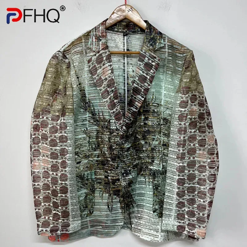 

PFHQ Men's Dot Art Printed Organza Blazers Sexy Light Luxury Perspective Designer Summer Cool Sunscreen Suit Jackets New 21Z4413