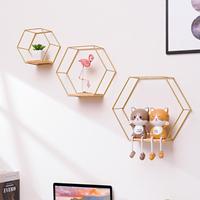 Wall Mounted Floating Hexagon Shelves Metal Framed Gold Shelves With Wooden Floor For Wall Storage Shelf Storage Racks