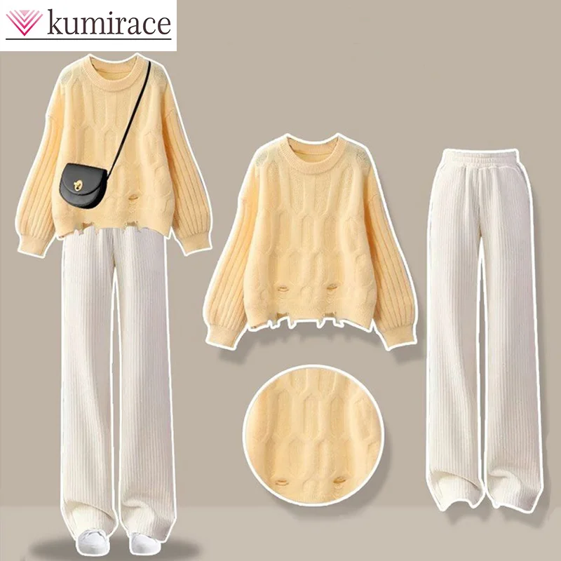 2-Piece Knitted Sweater Set for Women, Broken Hole, Apricot Wide Leg Pants, Korean Clothes, Winter and Autumn Set, 2023