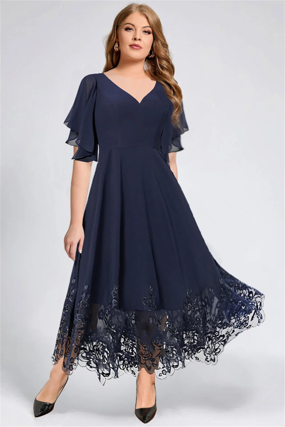 

Flycurvy Plus Size Mother Of The Bride Navy Blue Chiffon Lace Stitching Flutter Sleeve A-Line Tunic Maxi Dress