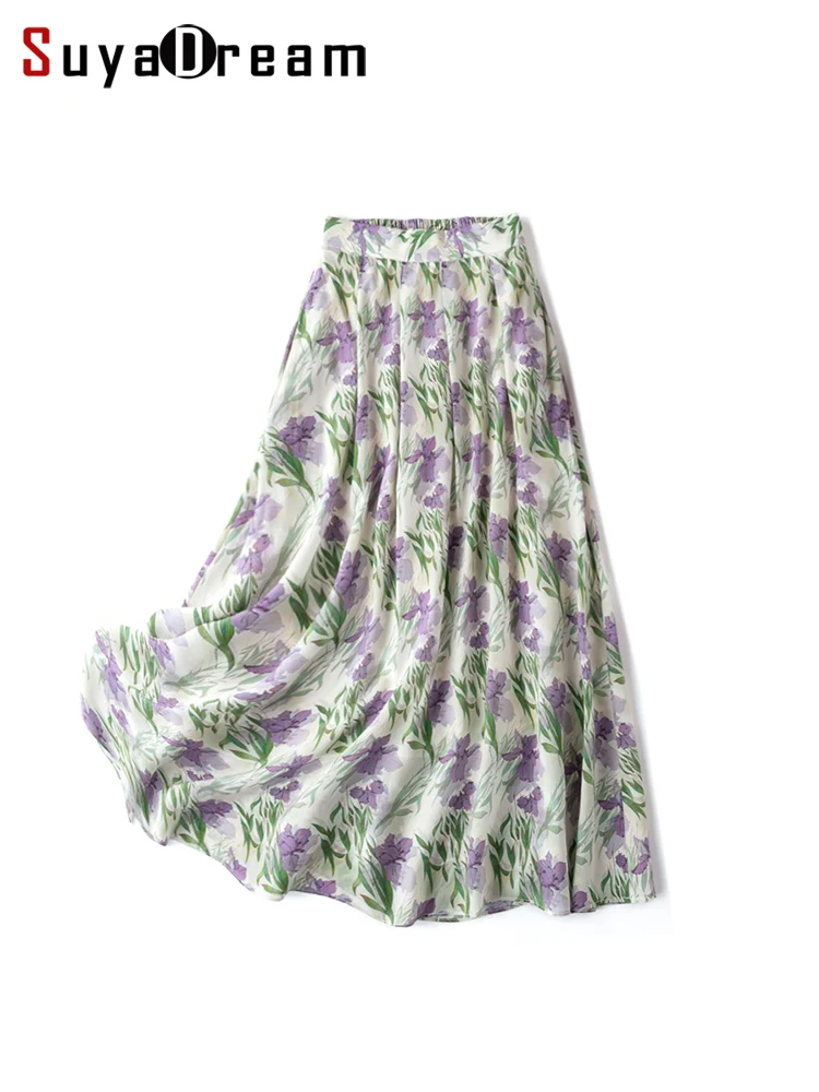 SuyaDream Long Pleated Skirt for Woman 100%Real Silk Floral Printed Elastic Waist Chiffon Skirts 2023 Spring Summer Bottoms