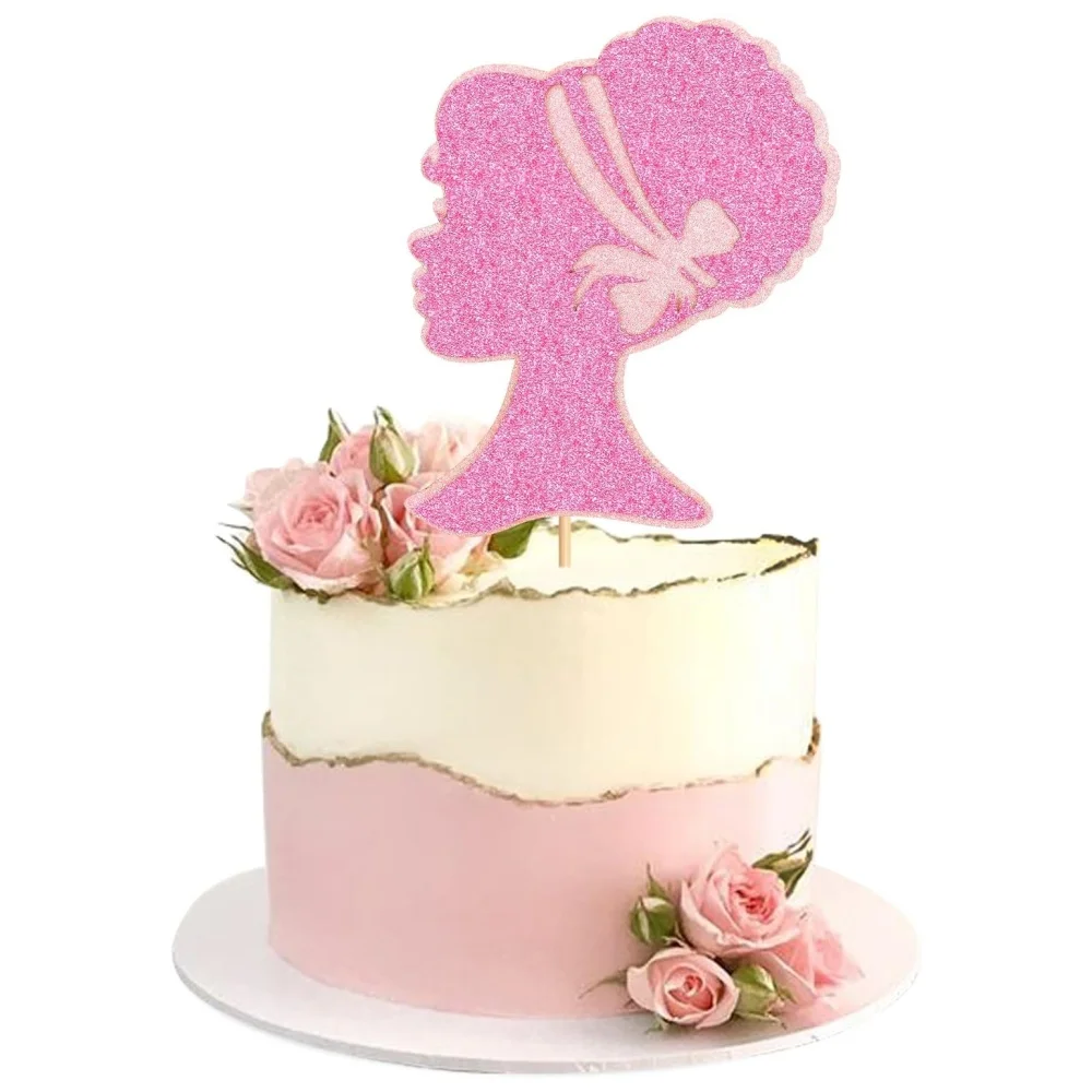 Topper de pastel de princesa de 24 piezas para niña, adornos de pastel de niña con purpurina rosa, pelo rizado, selección de pastel para boda, despedida de soltera, tema Birt