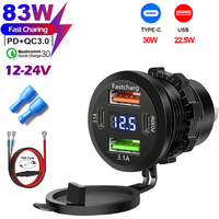 Car Charger Power Outlet Socket Dual QC3.0 Usb & Dual PD3.0 Fast Charging Outlet with Led Voltmeter Waterproof for 12-24V Cars