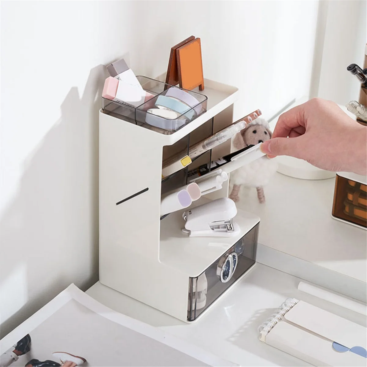 ที่ใส่ปากกาที่จัดระเบียบบนโต๊ะพร้อมลิ้นชักจัดเก็บดินสอสำหรับจัดระเบียบในสำนักงานที่จัดเก็บแปรงสำหรับโรงเรียนในสำนักงาน