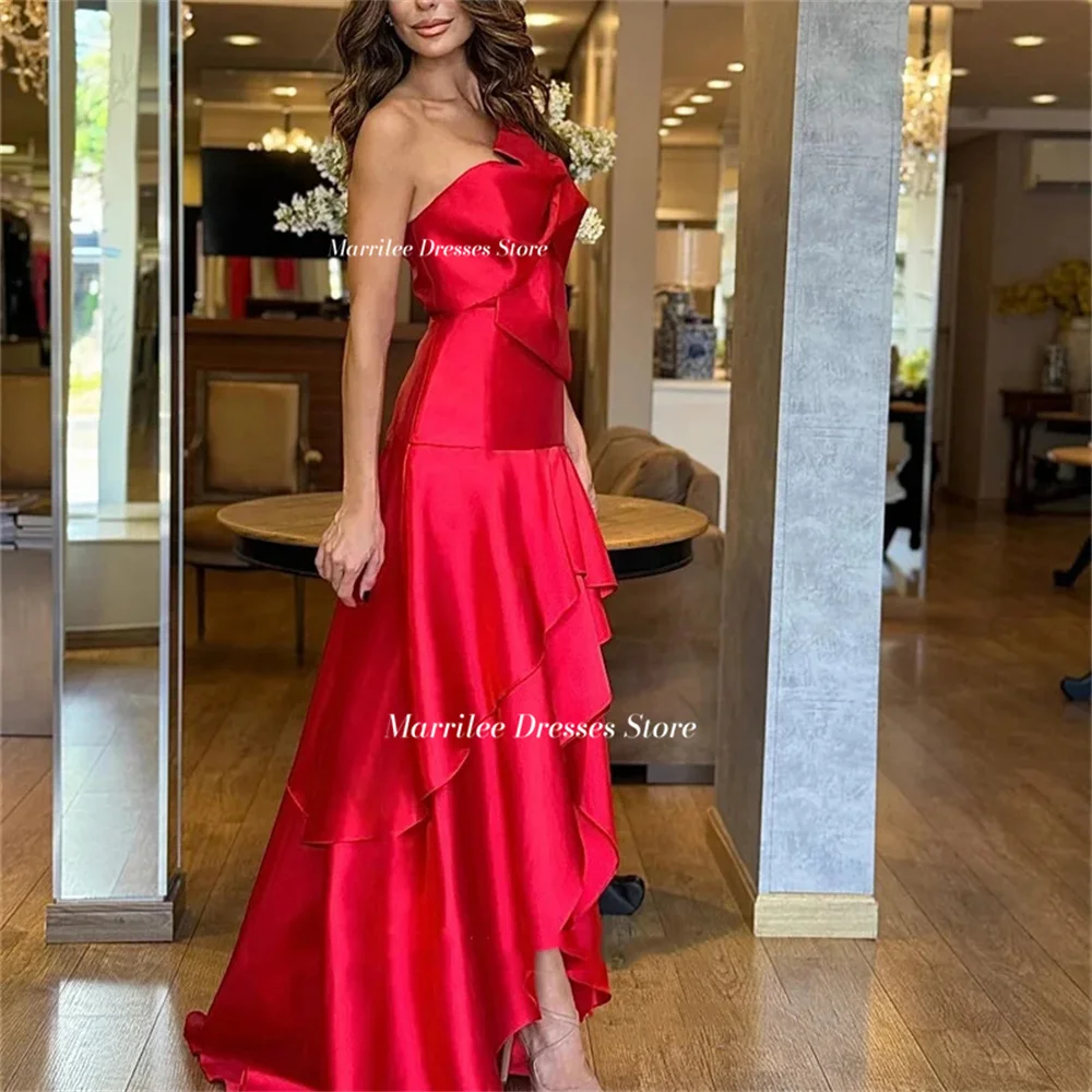 Marrilee Sexy Red Strapless Pleated Mermaid Stain Prom Party Gown Elegant Tiered Sleeveless Floor Length Side Slit Evening Dress