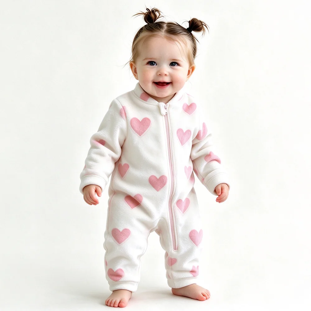 Soft Off White Baby Fleece Onesie, Cute Pink Heart Print Newborn Zipper Romper, Warm Infant Long Sleeve Bodysuit Winter