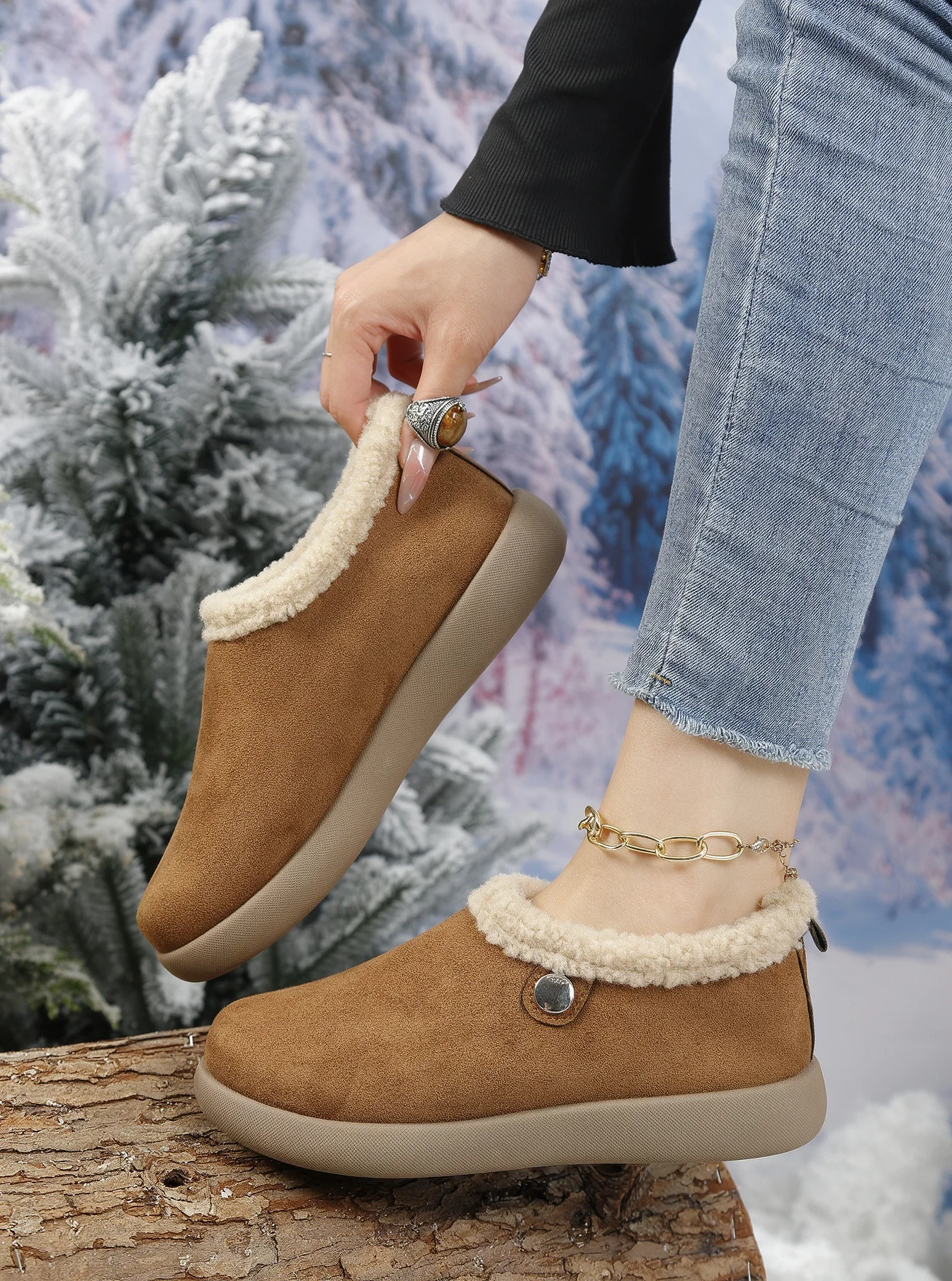 Damen-Winterstiefeletten, aus Kunstlederimitat, mit Teddy-Fleece-Futter, zum Hineinschlüpfen, warm, mit runder Spitze, rutschfester, dicker Sohle, im Retro-Stil, Baumwollstiefeletten. – Detail 10