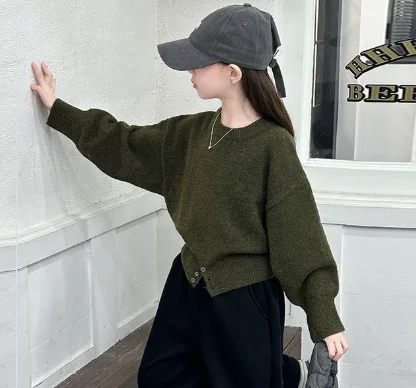 Girls Sweater 2025 Winter New Collection Waist Three Color Long Sleeve Round Neck Hoodie Sweet and Cute Versatile Daily Wear