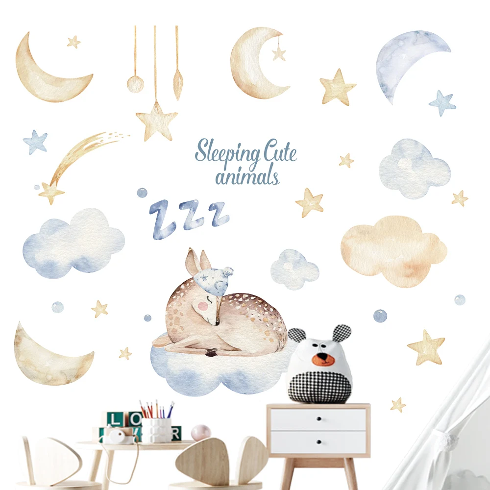 잠자는 사슴 벽 스티커 유치원용 달 별 아기 어린이 보육 침실 장식 이동식 데칼 장식 방수