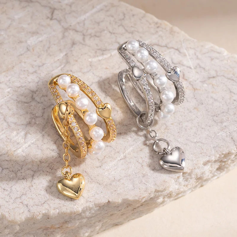 Triple Layer Pearl Crystal Ear Cuff Heart Charm Dangle Gold Tone Wrap Earring