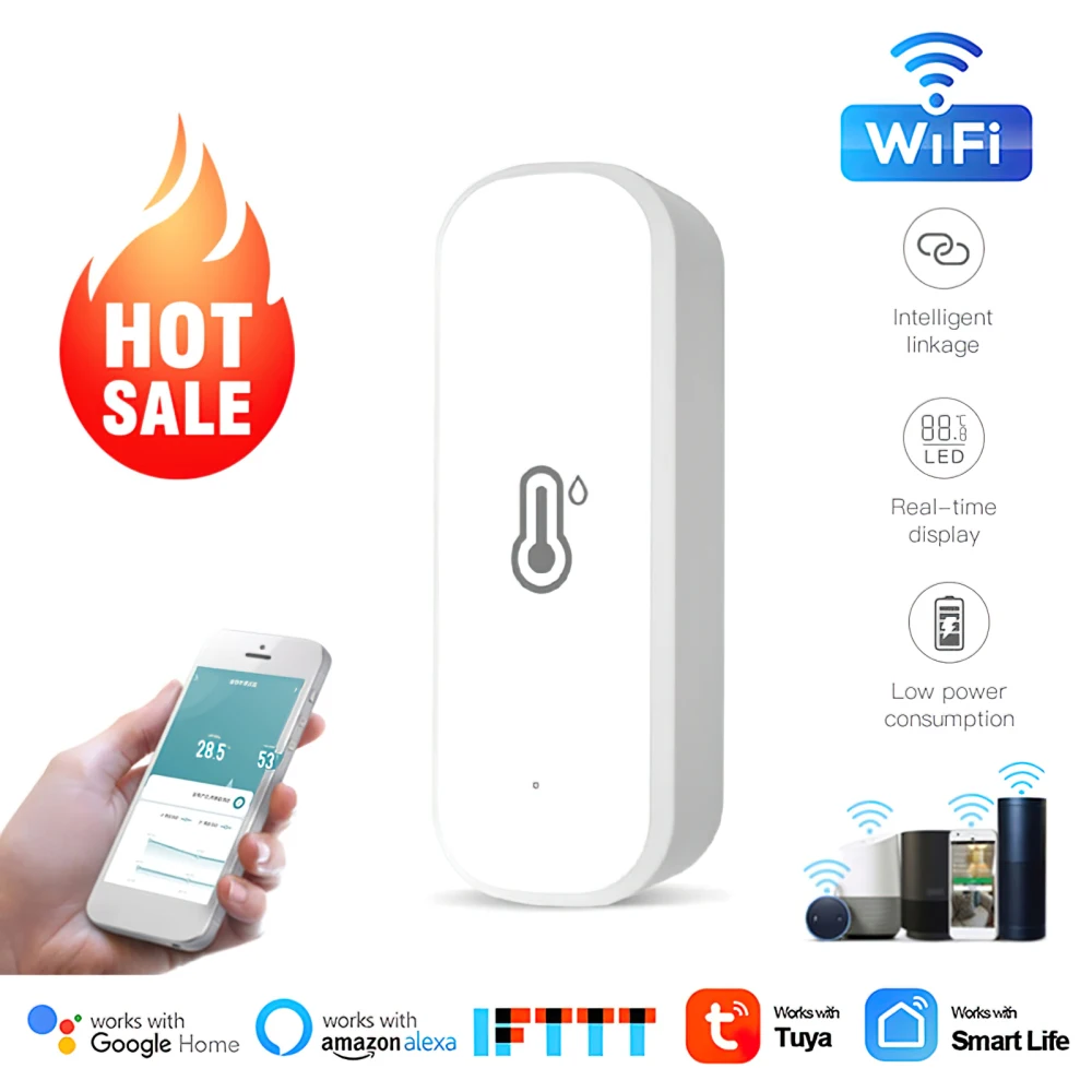 Tuya WiFi Smart Temperature And Humidity Sensor Real-time Monitoring Security Alarm Detector Work With Alexa Google Home