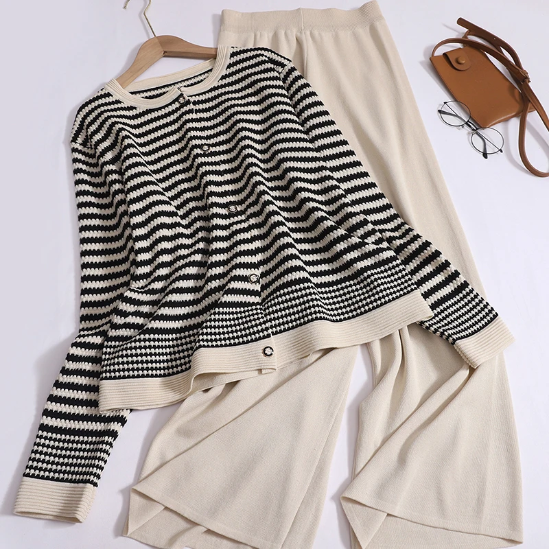 Women Autumn New Casual Loose Set O-neck Single Breasted Striped Long Sleeved Cardigan+High Waist Solid Wide Leg Pants Knit Suit